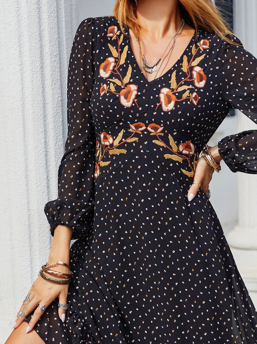 Embroidered V-Neck Long Sleeve Dress
