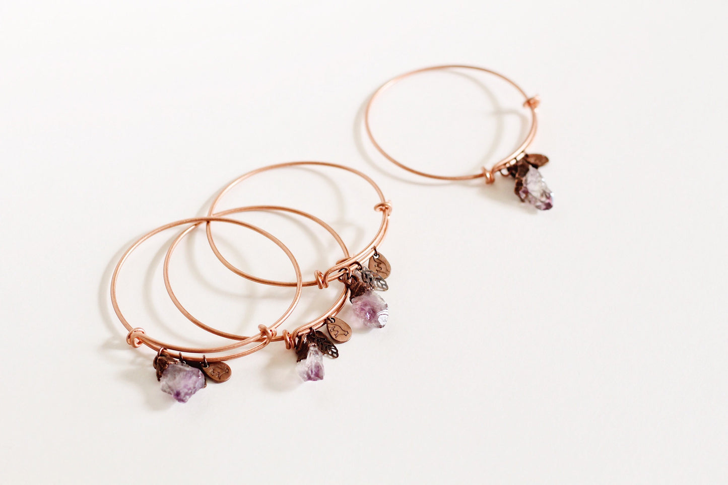 Amethyst Copper Bracelet - Electroformed Amethyst Bracelet - Adjustable Copper Charm Bracelet