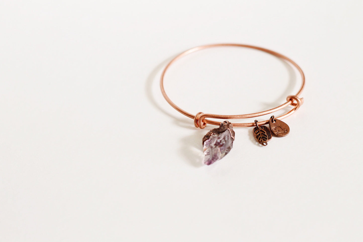 Amethyst Copper Bracelet - Electroformed Amethyst Bracelet - Adjustable Copper Charm Bracelet