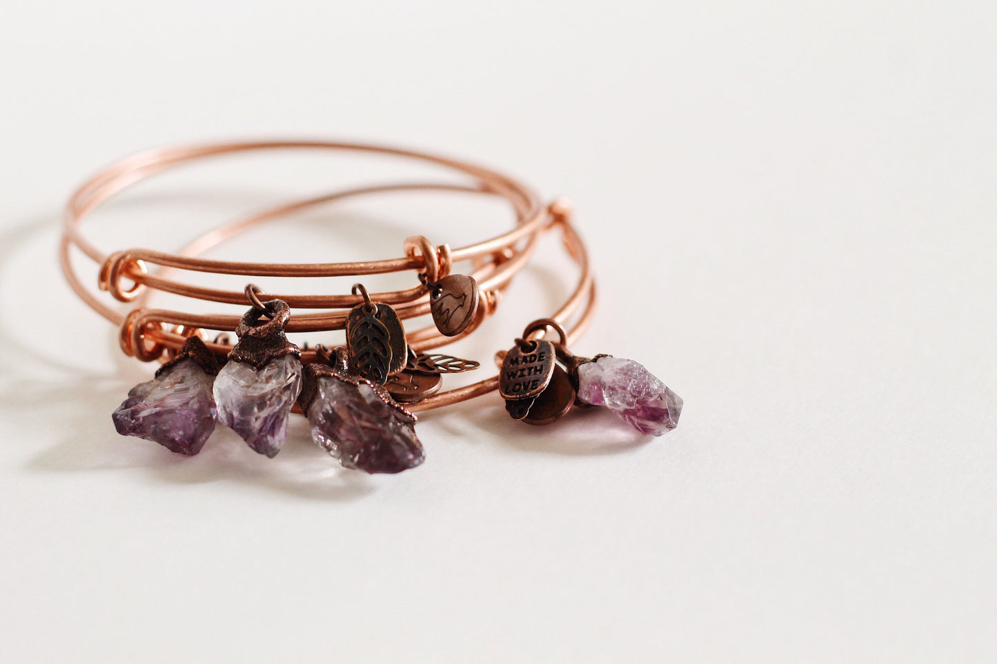 Amethyst Copper Bracelet - Electroformed Amethyst Bracelet - Adjustable Copper Charm Bracelet