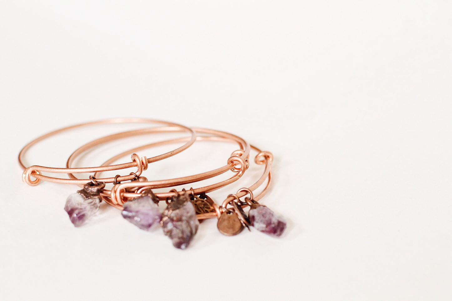 Amethyst Copper Bracelet - Electroformed Amethyst Bracelet - Adjustable Copper Charm Bracelet