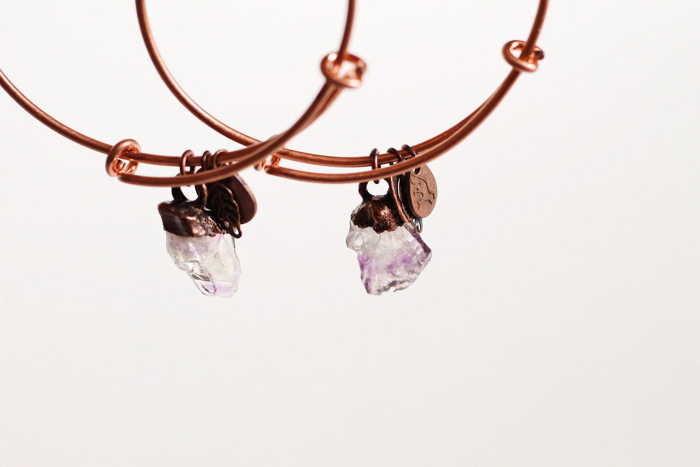 Amethyst Copper Bracelet - Electroformed Amethyst Bracelet - Adjustable Copper Charm Bracelet