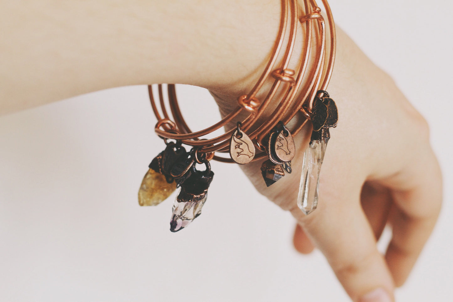 Citrine Copper Bracelet - Electroformed Citrine Bracelet - Adjustable Copper Charm Bracelet