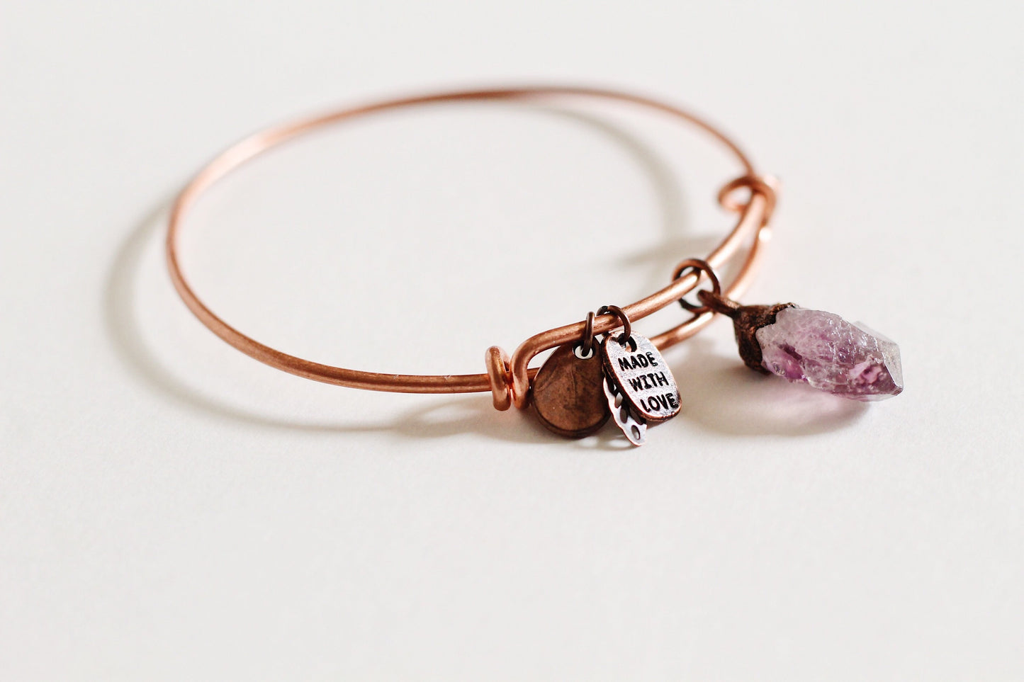 Amethyst Copper Bracelet - Electroformed Amethyst Bracelet - Adjustable Copper Charm Bracelet