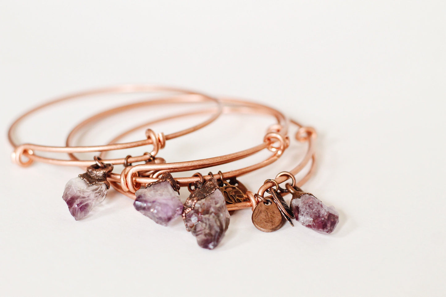Amethyst Copper Bracelet - Electroformed Amethyst Bracelet - Adjustable Copper Charm Bracelet
