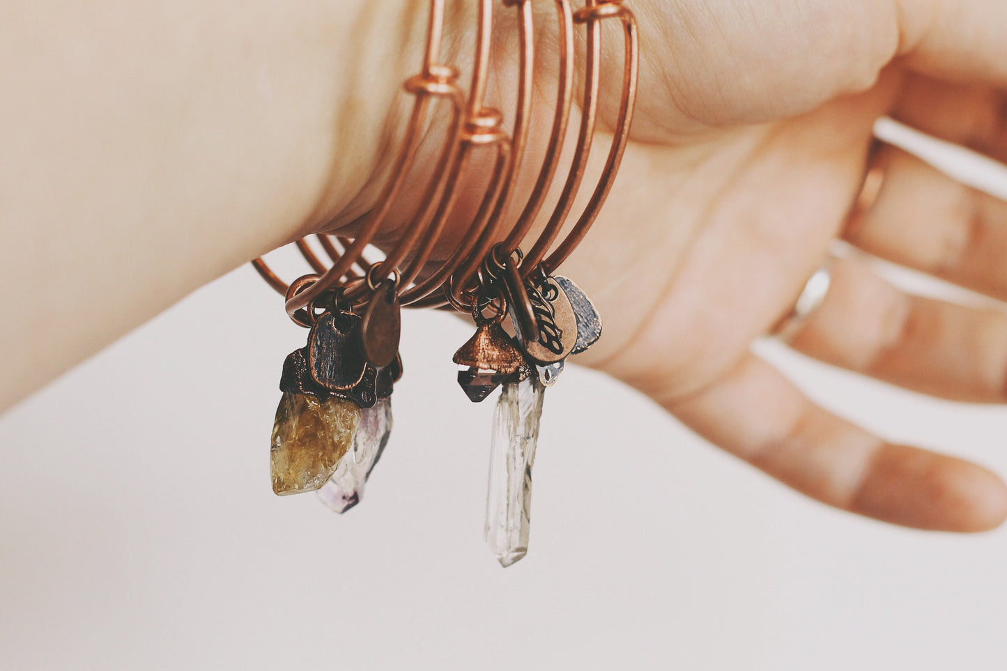 Quartz Crystal Copper Bracelet - Electroformed Crystal Bracelet - Adjustable Copper Charm Bracelet