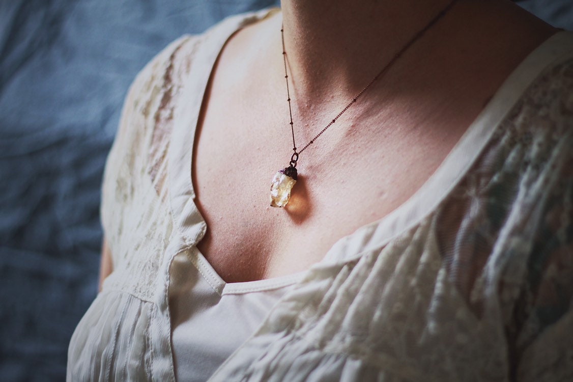 Citrine Necklace - Citrine Crystal Necklace - Small Citrine Necklace - Crystal Electroformed Necklace
