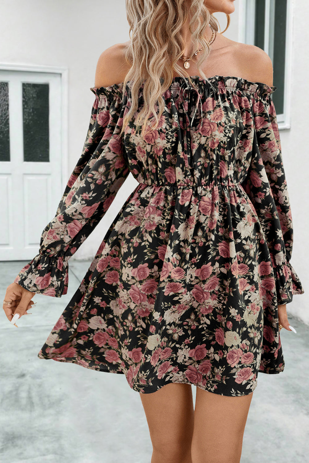 Floral Off-Shoulder Flounce Sleeve Dress