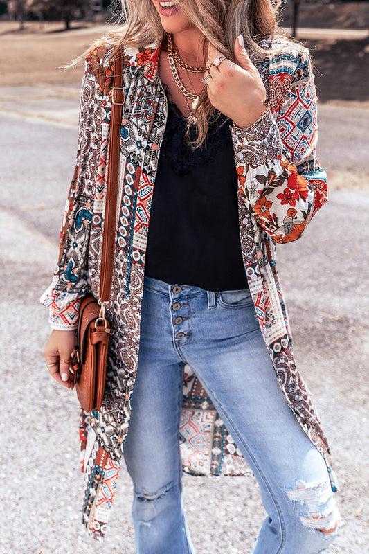 Printed Open Front Collared Neck Cardigan