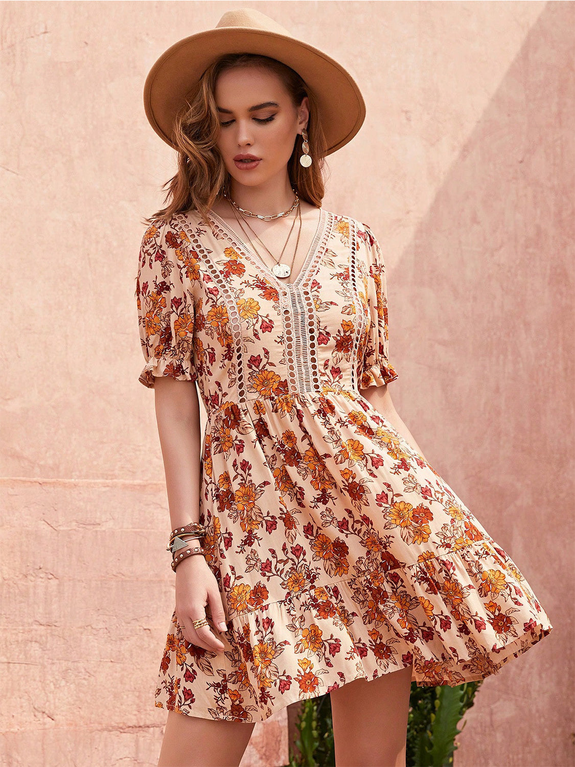 Floral V-Neck Flounce Sleeve Ruffle Hem Dress