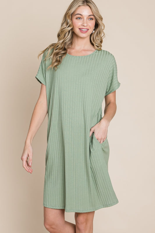 BOMBOM Ribbed Round Neck Short Sleeve Dress