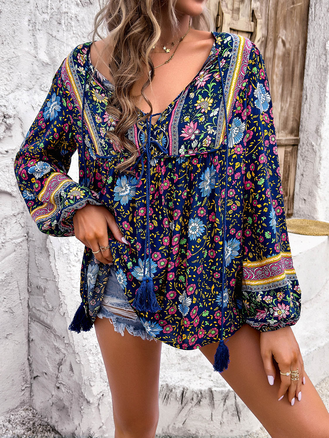 Printed Tie Neck Long Sleeve Blouse