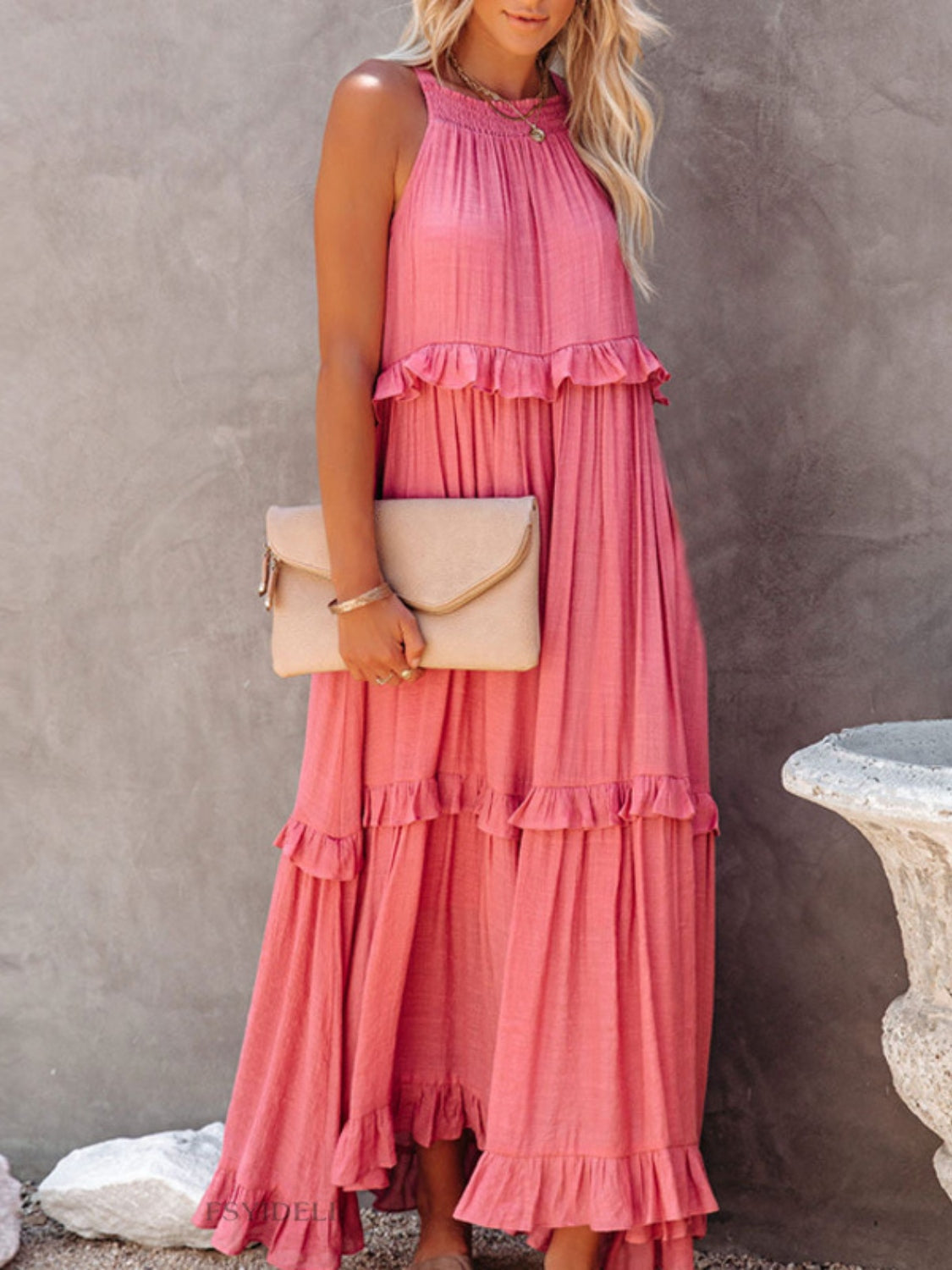 Ruffled Sleeveless Maxi Dress with Pockets