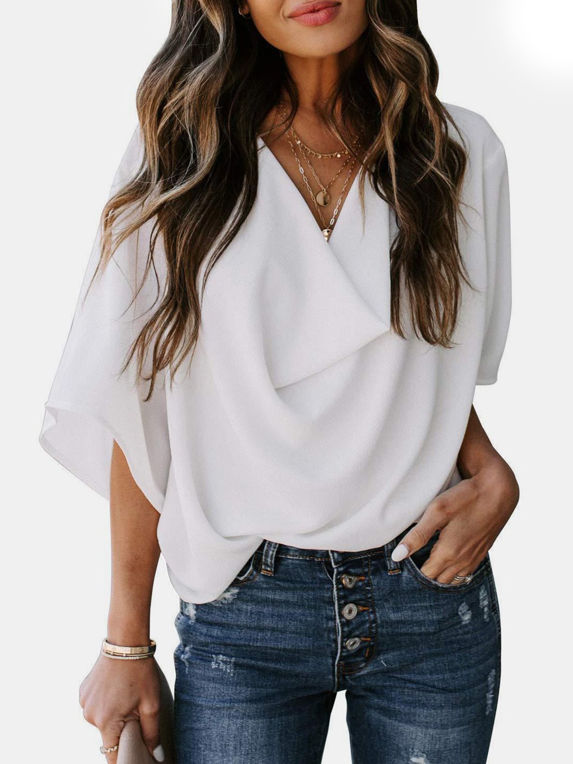 Full Size Cowl Neck Three-Quarter Sleeve Blouse