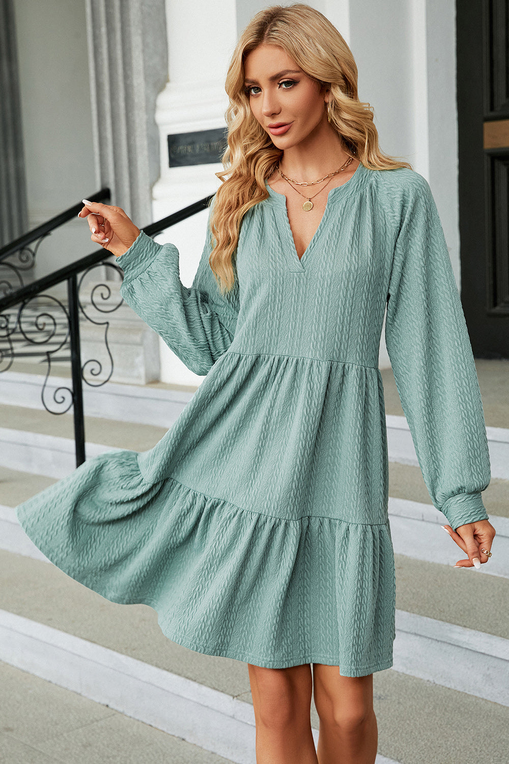 Ruched Notched Long Sleeve Mini Dress