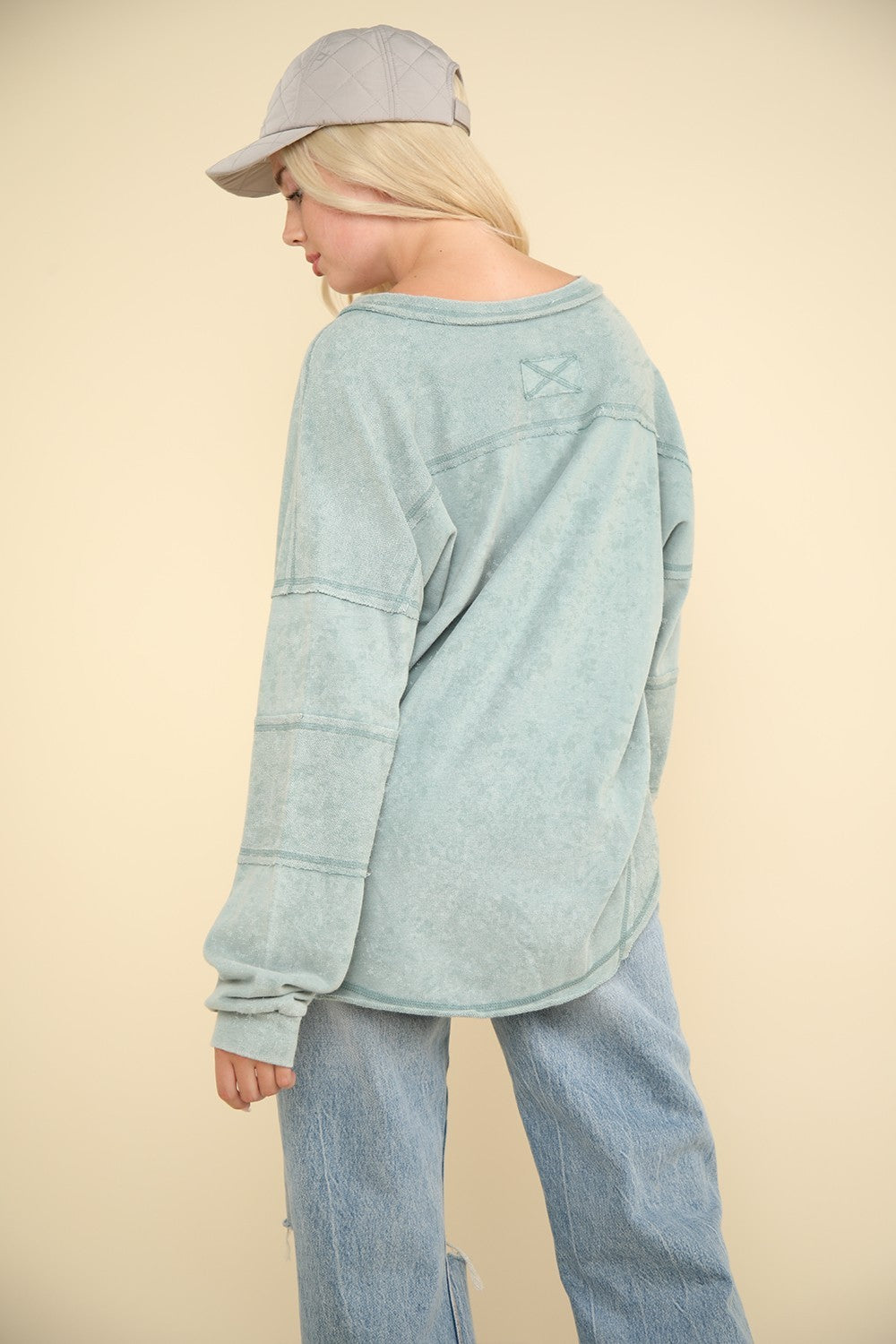 VERY J Washed V-Neck Exposed Seam Knit Top