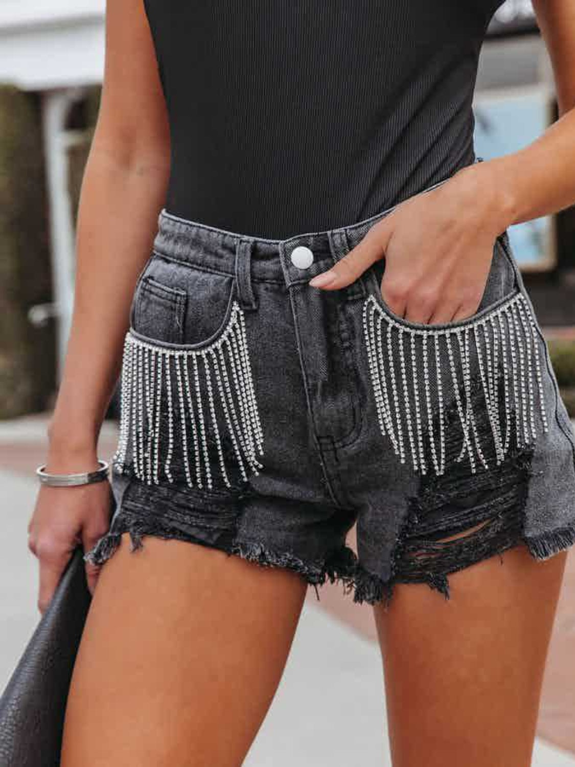 Daisy Who? Distressed Fringe Denim Shorts with Pockets