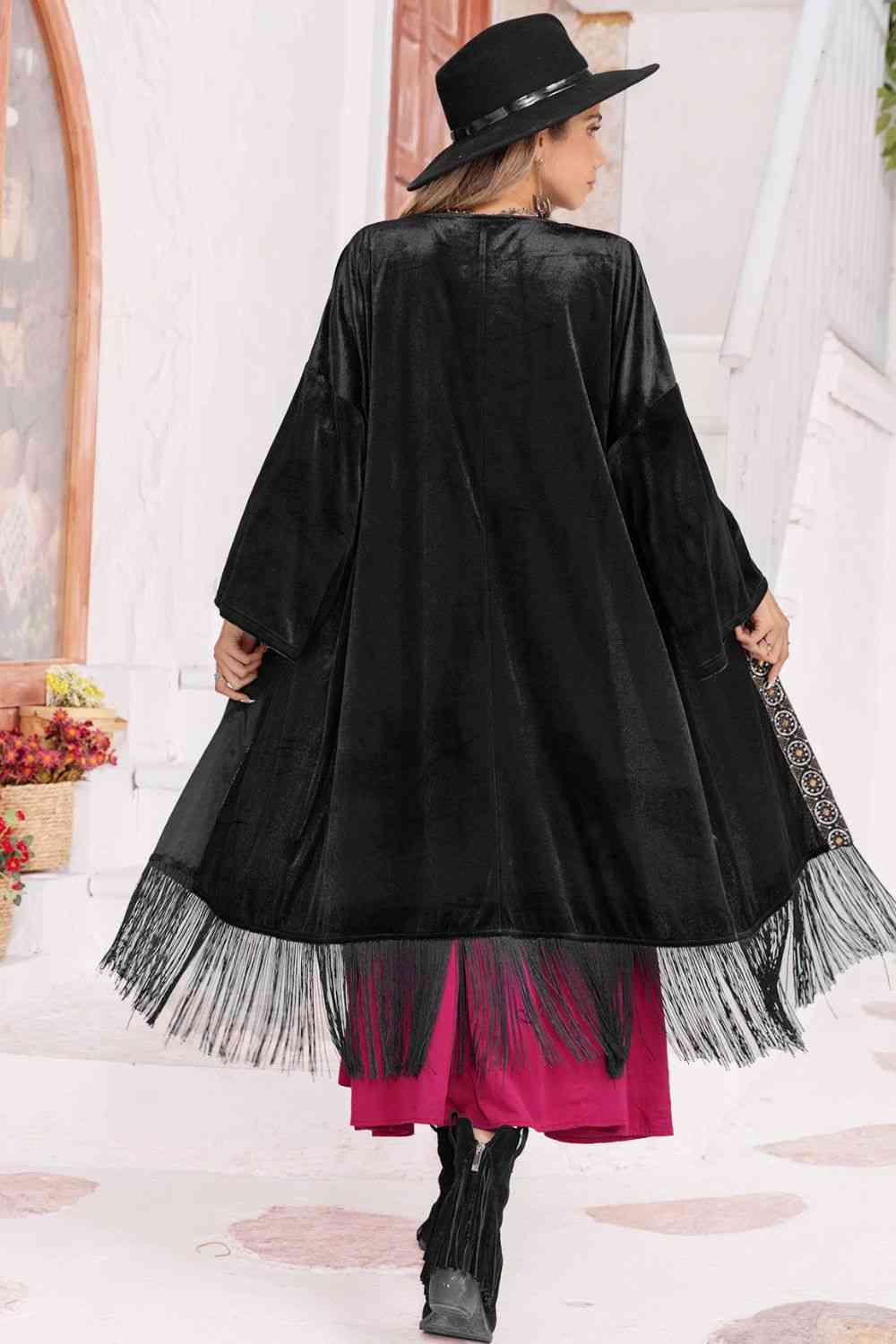 Open Front Fringe Detail Long Sleeve Cardigan