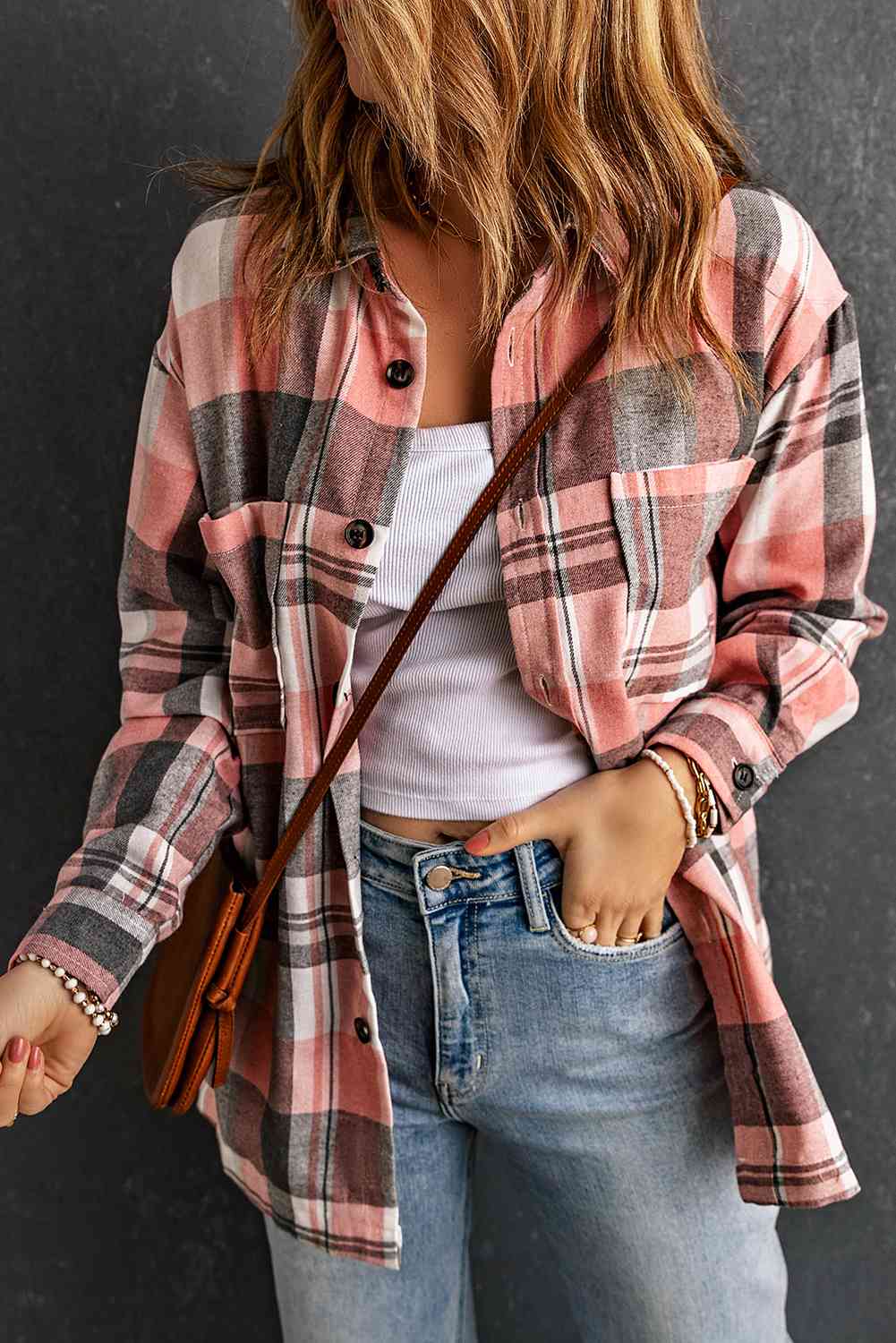 Double Take Plaid Dropped Shoulder Longline Shirt