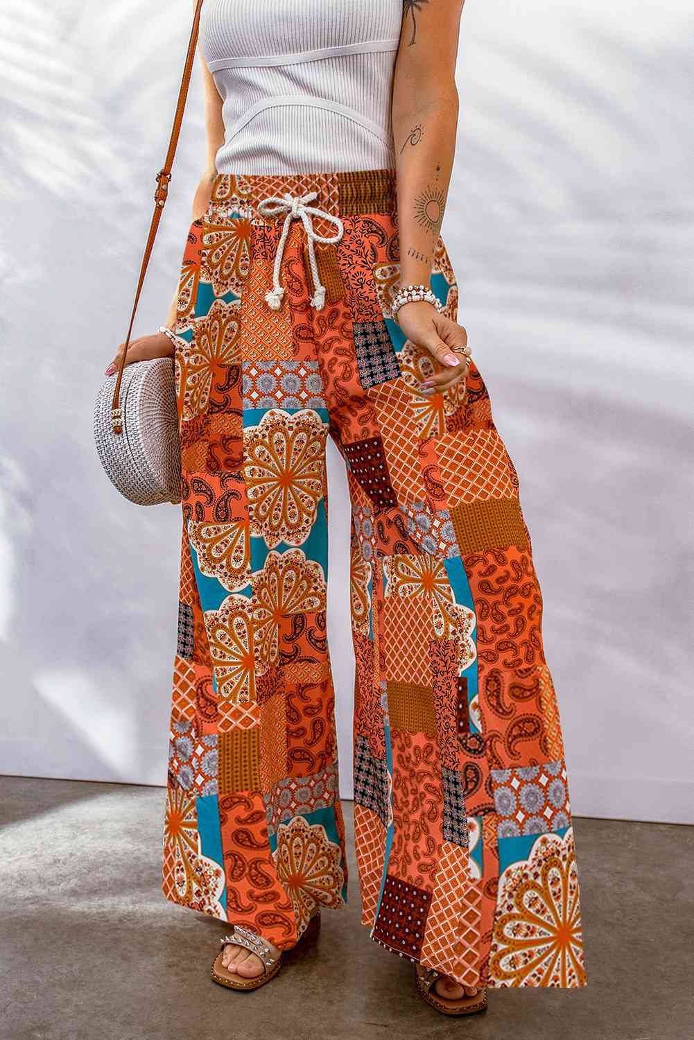 Bohemian Patchwork Drawstring Wide Leg Pants