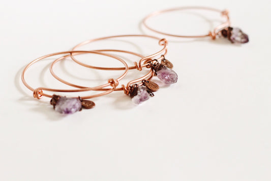 Amethyst Copper Bracelet - Electroformed Amethyst Bracelet - Adjustable Copper Charm Bracelet